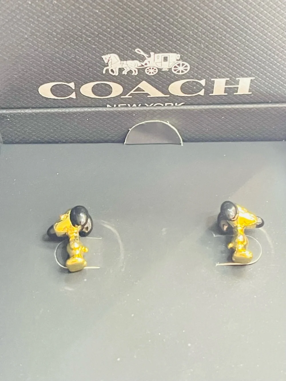 Coach authentic Black and Gold Enamel Snoopy Stud Earrings - Picture 1 of 3